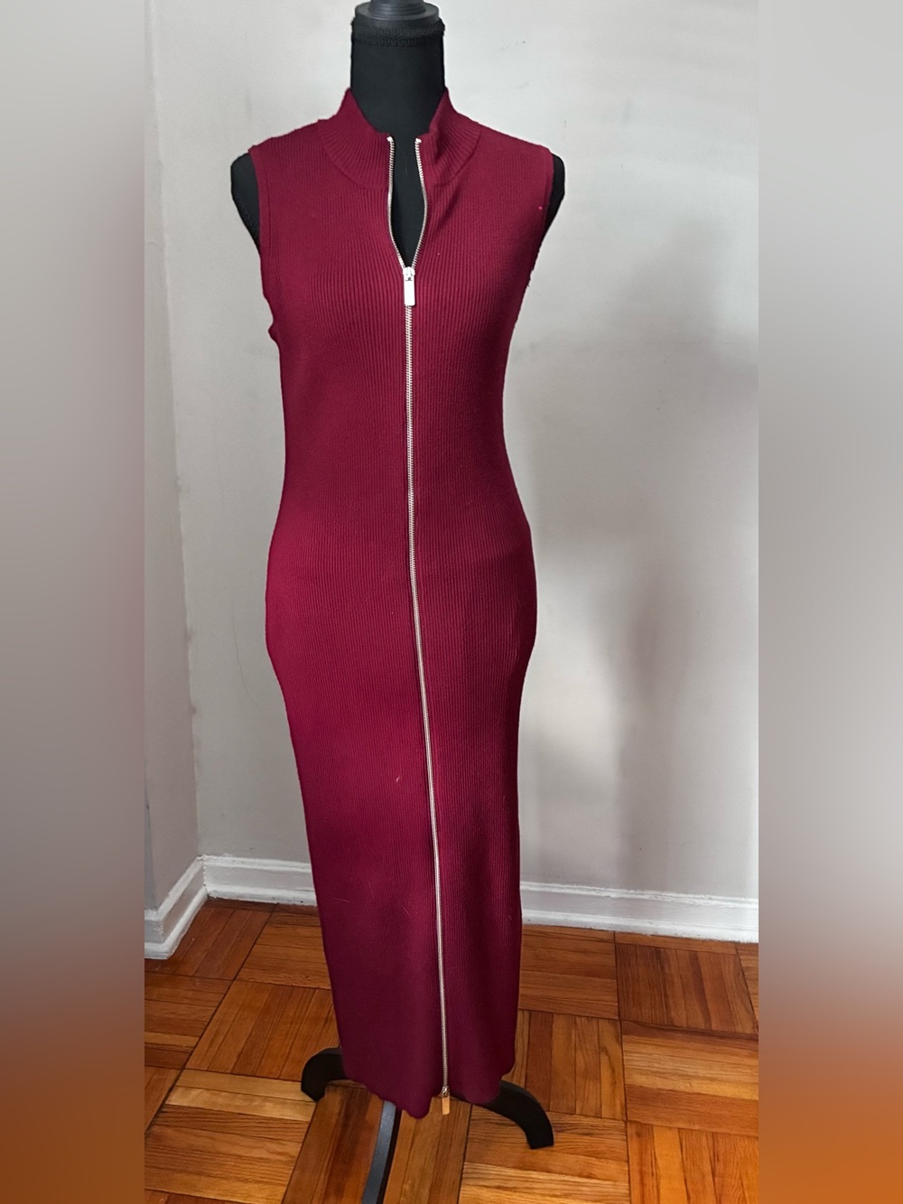 Bar III Wine Ribbed Maxi Dress with Front Zip